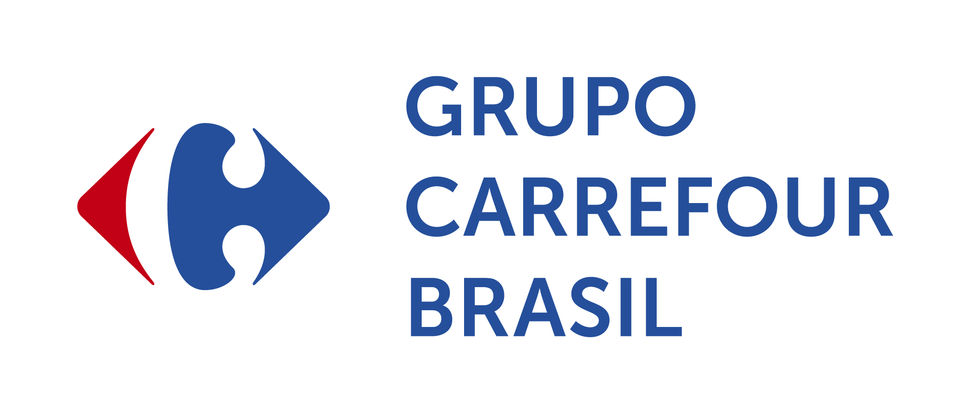 Logotipo do Grupo Carrefour Brasil, composto pelo símbolo em azul e vermelho à esquerda e o nome 'Grupo Carrefour Brasil' em letras maiúsculas azuis à direita.